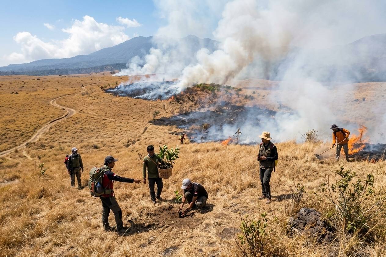 Mount Rinjani trekking trail under clear sky and dry savanna landscape
